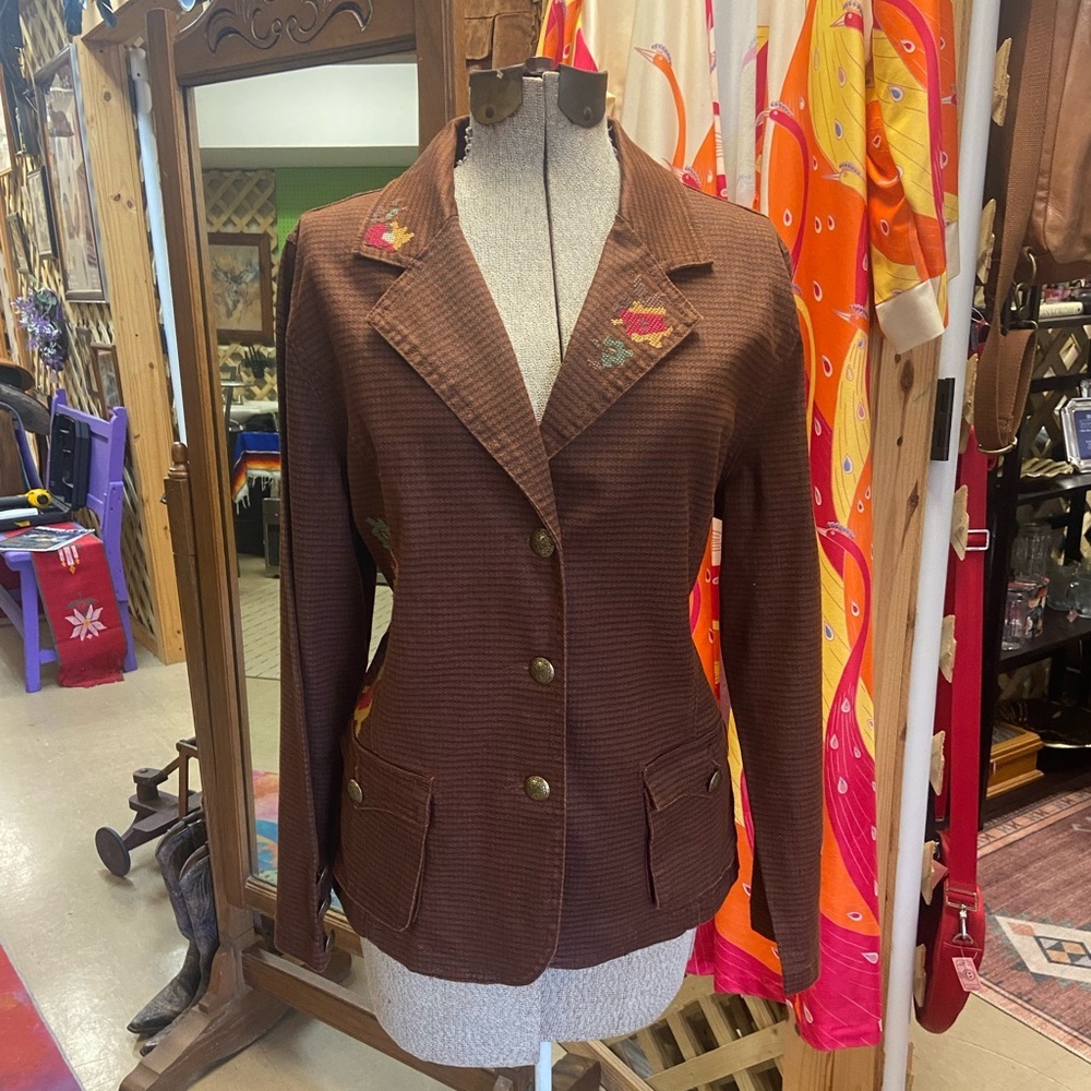 Diane Gilman Brown Blazer with Red Floral‎ Embroidery